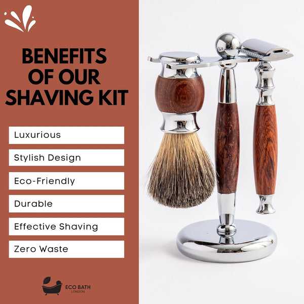 Rose Wood Shaving Set - Traditional Wet Shave Kit with Premium Brush and Stand