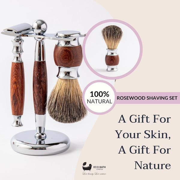 Rose Wood Shaving Set - Traditional Wet Shave Kit with Premium Brush and Stand
