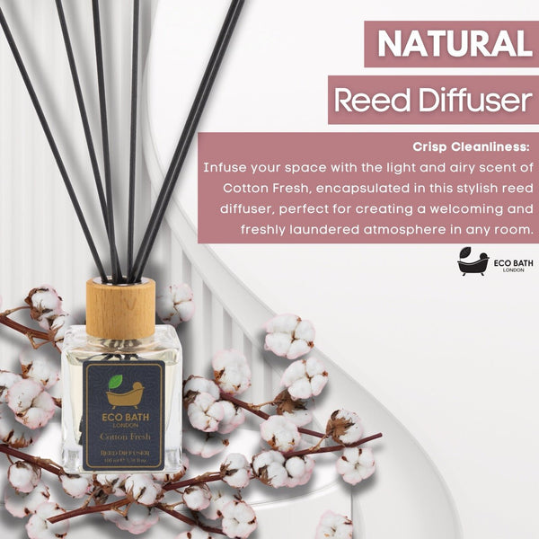 Eco Bath London Cotton Fresh Reed Diffuser - Fresh Laundry - Type Scent & Long Lasting Reed Diffusers - 100ml (3.38 fl.oz) - Eco Bath London