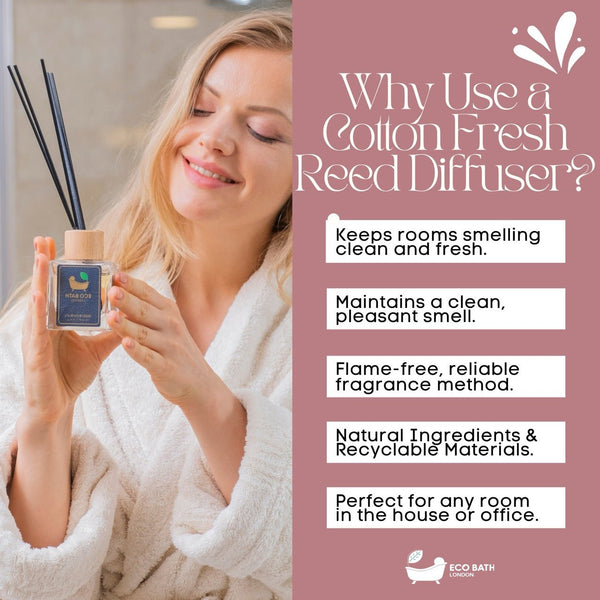Eco Bath London Cotton Fresh Reed Diffuser - Fresh Laundry - Type Scent & Long Lasting Reed Diffusers - 100ml (3.38 fl.oz) - Eco Bath London