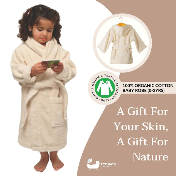Organic Cotton Baby Robe-Hooded Baby Bathrobe, GOTS Certified 100% Organic Cotton,Ultra Soft, Undyed and Unbleached, Hypoallergenic - Available in Sizes 0-2 Years and 3-5 Years