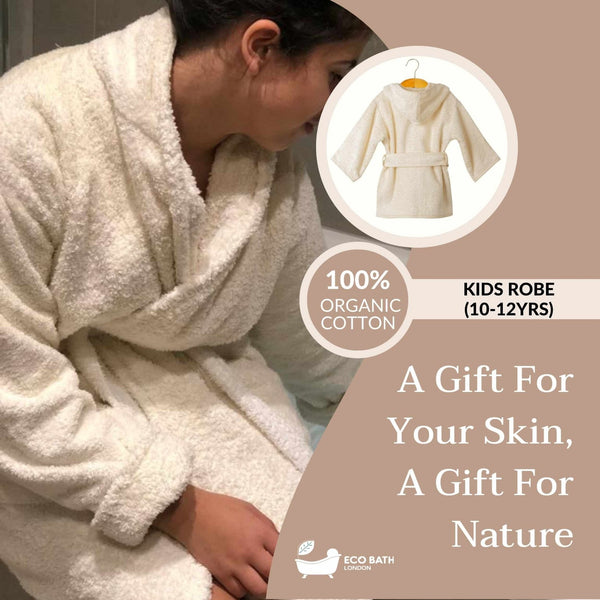 Eco Bath London Organic Cotton Kids Robe (10 - 12 Years) - Hooded, 100% Certified Organic Cotton - Eco Bath London