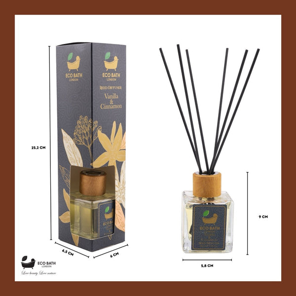 Eco Bath London Vanilla & Cinnamon Reed Diffuser - Herbal Scent of Cinnamon Room Diffuser - 100ml (3.38 fl.oz) - Eco Bath London