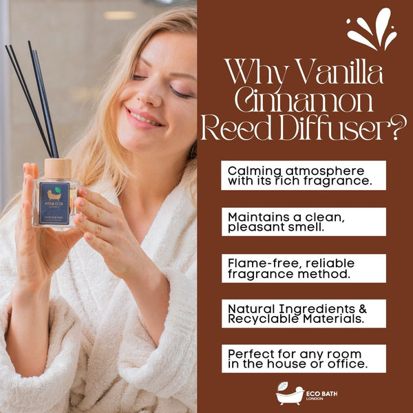 Eco Bath London Vanilla & Cinnamon Reed Diffuser - Herbal Scent of Cinnamon Room Diffuser - 100ml (3.38 fl.oz) - Eco Bath London